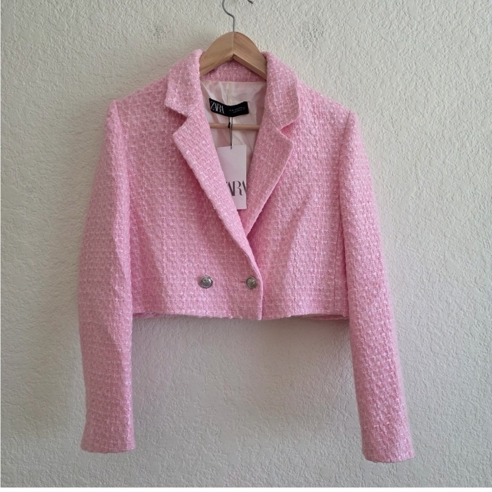 ZARA Light Pink Cropped Tweed Blazer